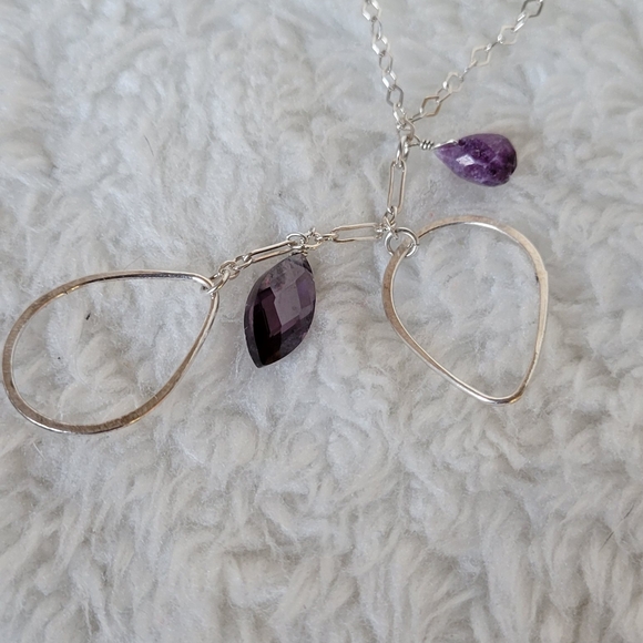 ITALY Sterling Silver Necklace Drop Pendant with Gemstones Amethyst 16.5" - Picture 7 of 8